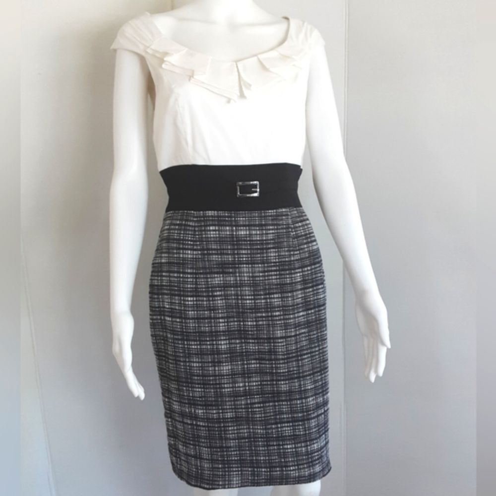 WHBM White Ruffled Band Waist Black|White Textured Plaid Check Dress Sz. 4
